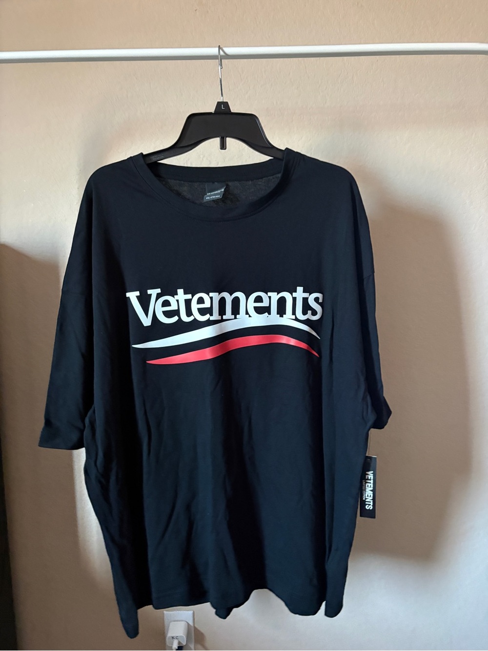 Vetements Black Tee with White Logo and Red Accent Wave